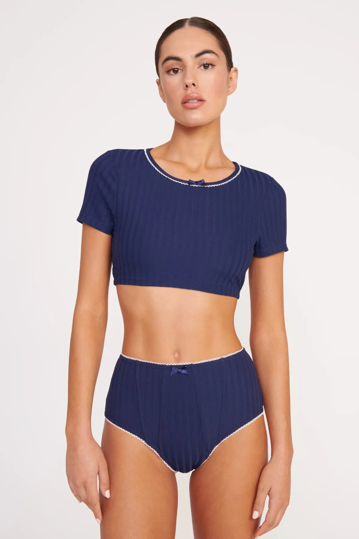 STAUD Bikinis<BRENTON HIGH RISE BIKINI BOTTOM NAVY WHITE