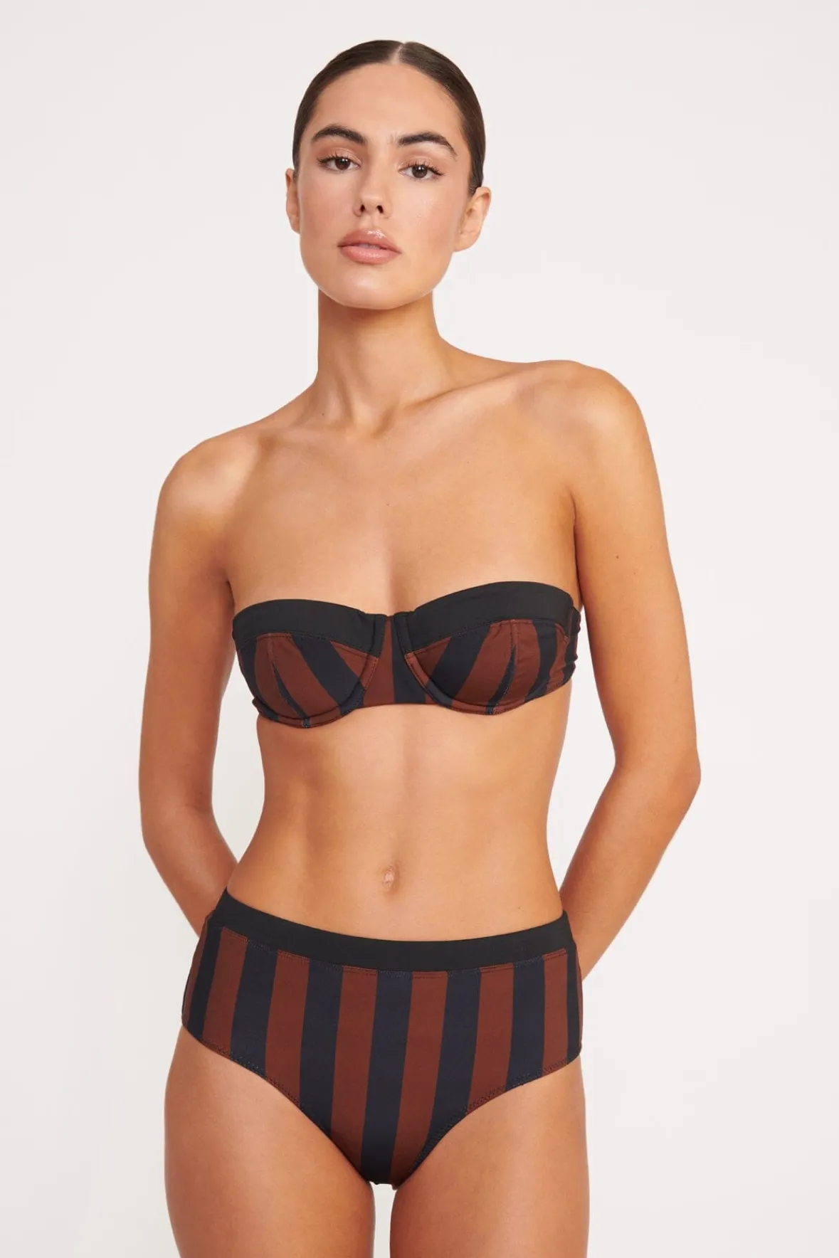 STAUD Bikinis<DEVON HIGH RISE BIKINI BOTTOM BLACK TAN SEASHORE STRIPE