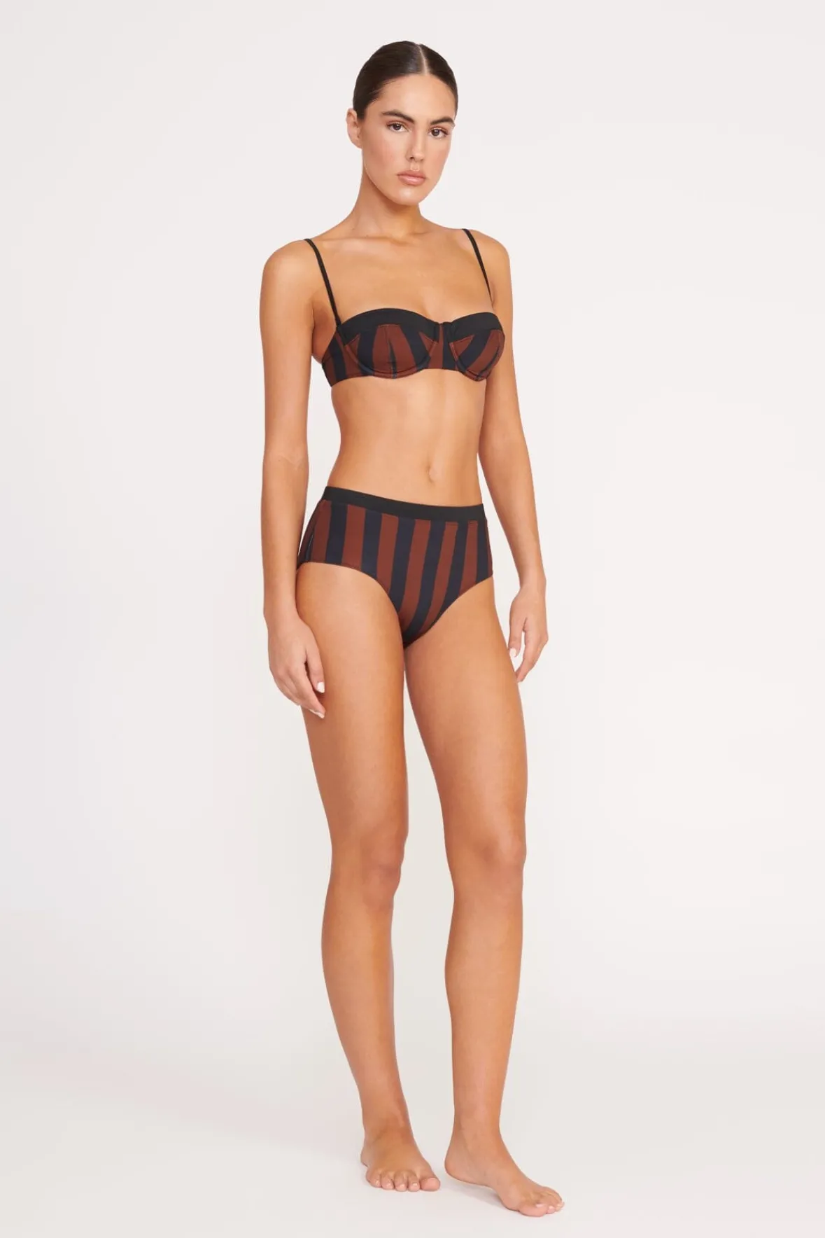 STAUD Bikinis<DEVON HIGH RISE BIKINI BOTTOM BLACK TAN SEASHORE STRIPE