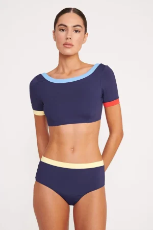 STAUD Bikinis<LILY SHORT SLEEVE BIKINI TOP NAVY COLORBLOCK