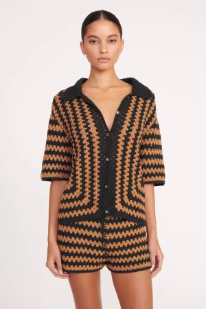 STAUD Best Sellers | Cover-Ups<MABEL TOP  BLACK TAN SEASHORE STRIPE